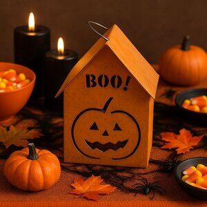 Metal ‘BOO!’ Pumpkin Lantern Candle Holder Rustic Halloween Table Décor